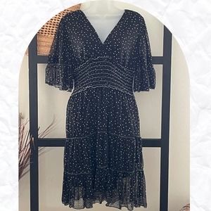 Max Studio Womens Black White Polka Dot V-Neck Fit & Flare Mini Dress Size Small